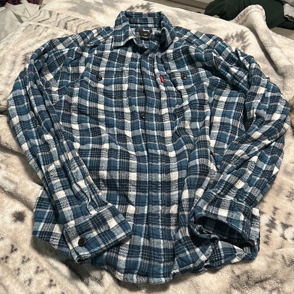 Stussy Womens Plaid Quilted Blue Flannel Button Up Top - Picture 7 of 7